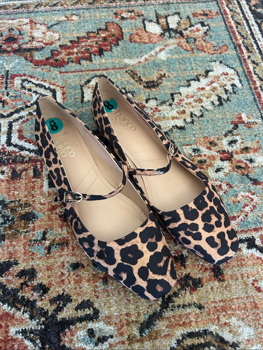 Franco Sarto Leopard Print Mary Jane Tapered Square Toe Flats - Tan & Black